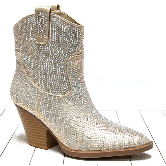 New Women Champagne Gold Blingy Rhinestone Cowboy Western Ankle Boots Booties - Picture 2 of 6